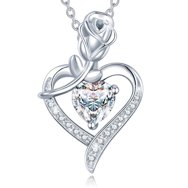 AGVANA April Birthstone Jewelry CZ Necklace for Women Sterling Silver Rose Flower Heart Pendant Necklace Fine Jewelry Anniversary Birthday Gifts for Women Mom Wife Lady Her - Image 1